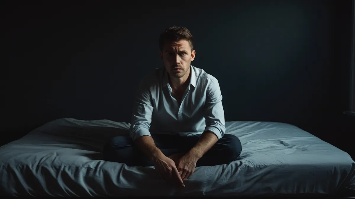 Homem sentado na borda da cama em quarto escuro, imagem cinematográfica