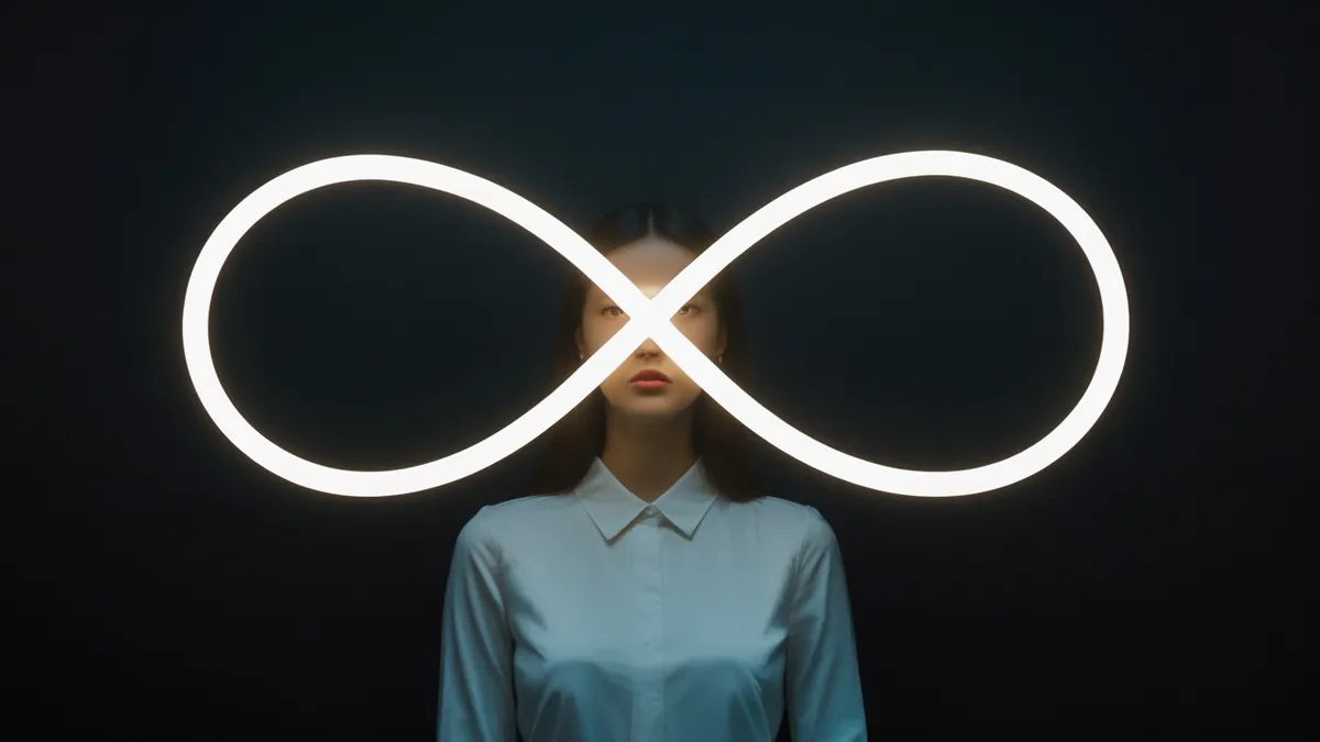 Símbolo de infinito luminoso sobre fundo preto, imagem minimalista